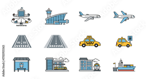 Transportation icons set: airport, airplane, taxi, bus, and ship in modern linear style