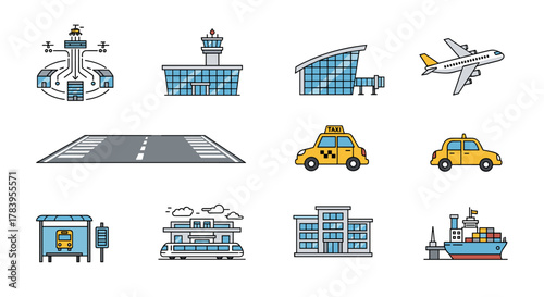 Transportation icons set featuring airport, taxi, and more in linear style