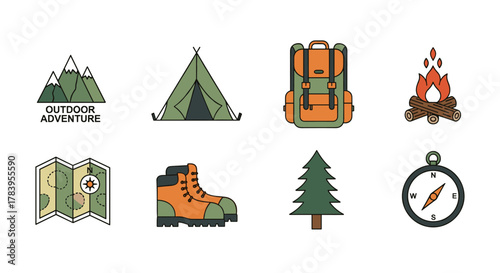 Adventure icons set: camping gear, hiking, and wilderness essentials in flat style