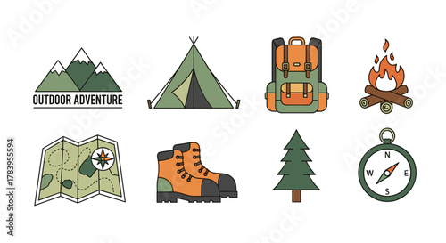 Outdoor adventure icons featuring camping gear and nature elements in flat style