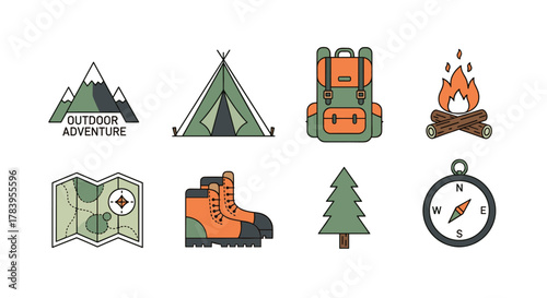 Outdoor adventure symbols with camping gear and nature elements in flat style