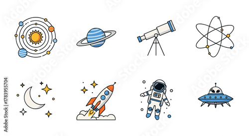 Cartoon space adventure icons featuring astronaut, rocket, telescope, and planets