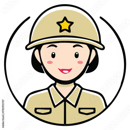 Cartoon Woman in Uniform Hat Star Symbol, Illustration Portrait Graphic Face Female