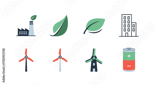 Eco-friendly icons set featuring sustainability and renewable energy elements