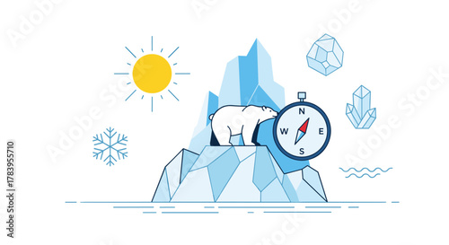 Polar bear with compass on iceberg in minimalist arctic scene with geometric shapes