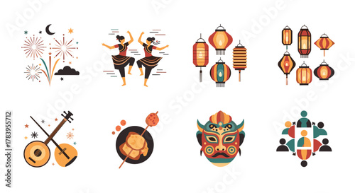 Festive asian cultural elements with traditional lanterns, instruments, and dancers