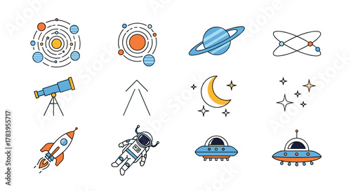 Colorful space icons collection: planets, astronauts, ufos, and stars in flat design
