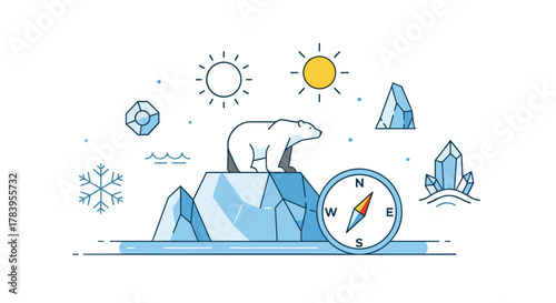 Polar bear exploration amid arctic landscape with compass and ice elements