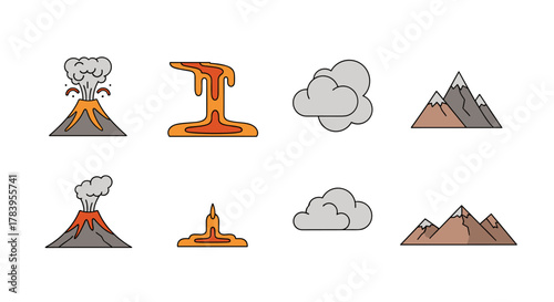 Colorful volcanic eruption and mountain icons set with clouds and lava