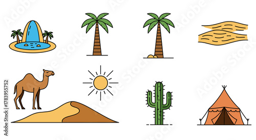 Desert adventure icons: oasis, palm trees, camel, cactus, sand dunes, tent