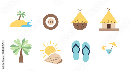 Beach vacation icons set: tropical, summer, travel, leisure, relaxation, minimalist, nature, fun, sun, exotic