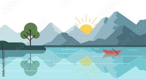 Mountain lake sunrise with reflective calm water and nature