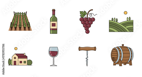 Wine icons set featuring vineyard, grapes, bottle, barrel, and glass in flat style