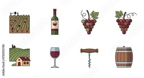 Winery icons collection: grapevine, wine bottle, vineyard, glass, corkscrew, barrel, farmhouse