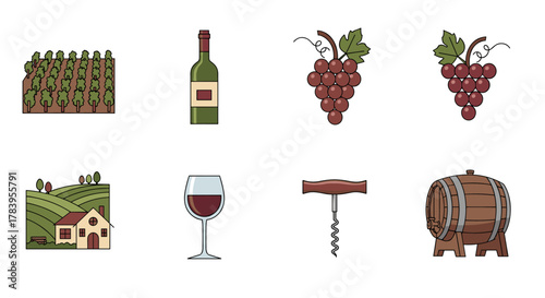 Wine icons: vineyard, grapes, glass, bottle, corkscrew, barrel in flat design