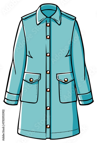 Cartoon illustration of a blue coat with pockets and buttons