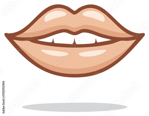 Close-up illustration of closed, full lips with visible teeth and a hint of smile