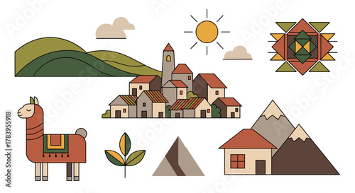 Charming village with mountains and llama in flat style