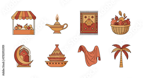 Middle eastern icons set featuring lantern, rug, crescent moon, bazaar stall, dates, and palm tree