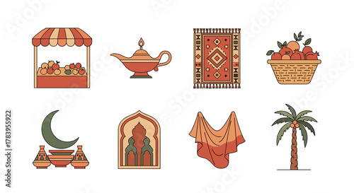 Middle eastern icons: market stall, magic lamp, tapestry, fruit basket, moon, archway, draped cloth, palm tree