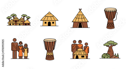 African village and culture icons with drums and traditional huts