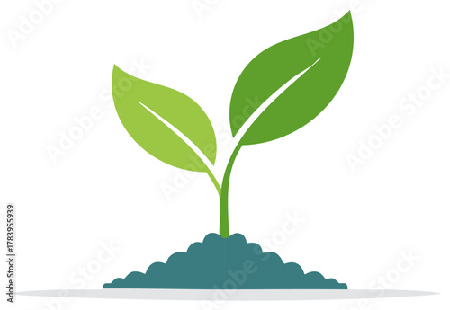 Sprout with two green leaves growing from blue soil, fresh growth and renewal concept