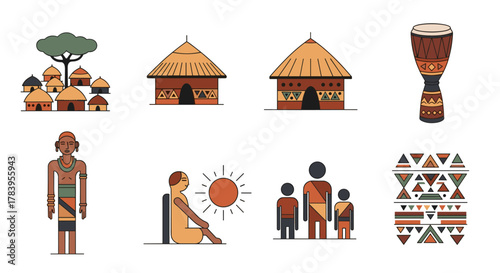 Traditional african village elements and geometric patterns with cultural icons