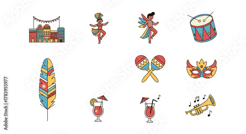 Colorful carnival festivities: dance, music, and celebration icons in flat design
