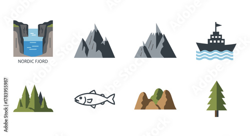 Nordic nature icons: mountains, fjords, fish, and forests in flat design