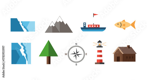 Flat nautical and mountain icons: adventure, travel, and exploration essentials