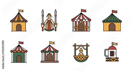 Medieval festival icons set featuring tents, jester, and shields in flat design