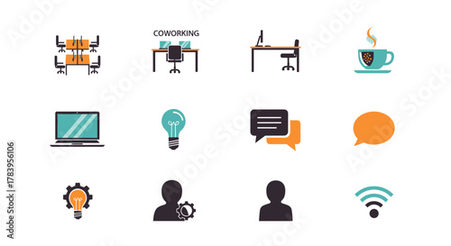 Modern office icons set featuring workspaces, technology, and communication elements