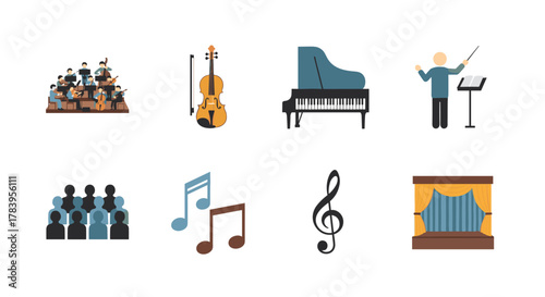 Colorful flat music icons featuring instruments, orchestra, and theater elements