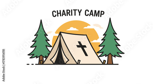 Sunset camp with tent and trees for charity event promotion