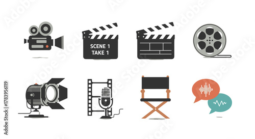 Vintage film and cinema icons with clapperboard, reel, and director's chair