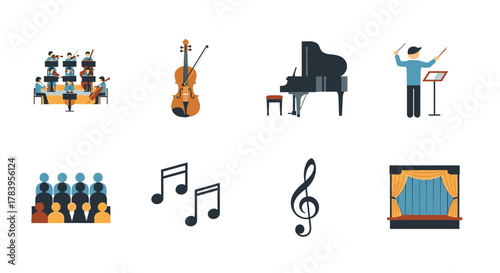 Music and orchestra elements in flat design style for creative projects