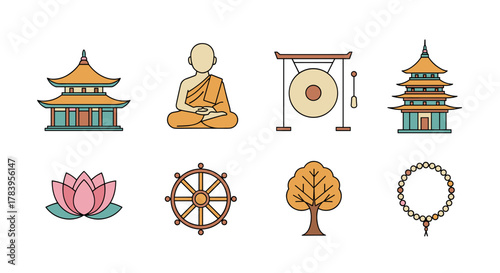 Asian cultural icons set featuring temples, buddha, and traditional elements in flat style