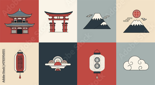 Japanese cultural icons: temples, lanterns, and mountains in minimalist art