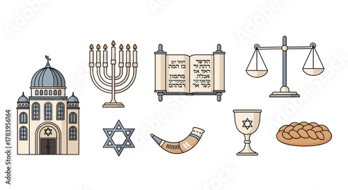 Jewish symbols collection: synagogue, menorah, torah, and more