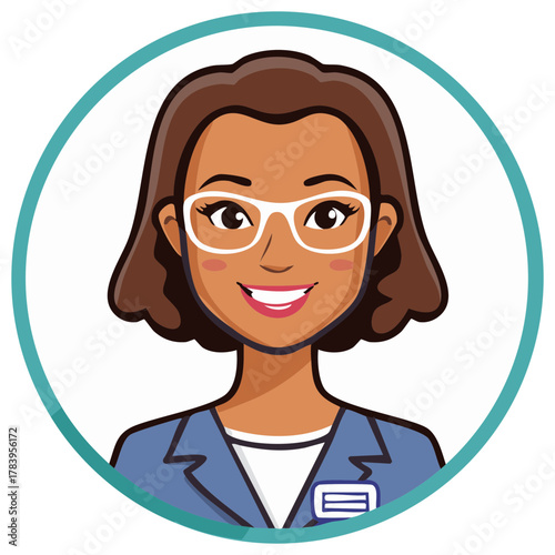 Smiling professional woman illustration with eyeglasses and a business ID badge portrait