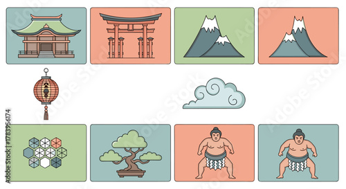 Traditional japanese icons set featuring architecture, nature, and cultural symbols in flat design