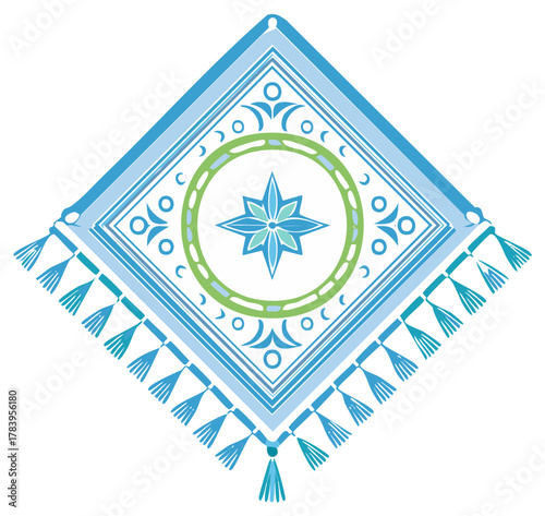 Hanging Diamond Amulet with Tassels, Geometric Floral Motifs and Circles, Blue and Green Colors