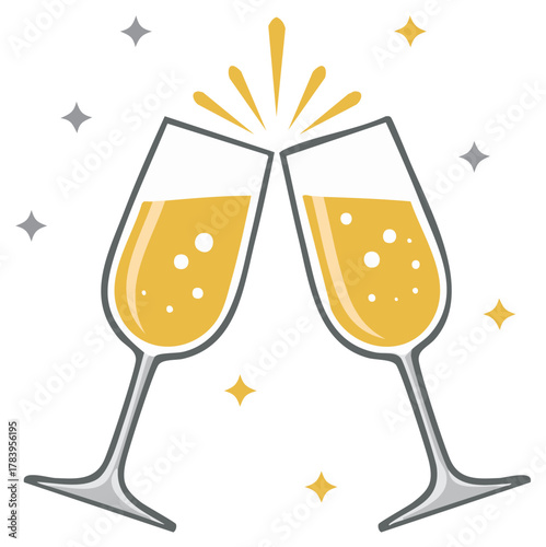 Two champagne glasses clinking in a celebratory toast with sparkling wine and festive stars