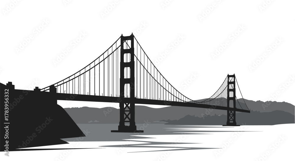 Fototapeta premium Majestic suspension bridge silhouette over calm waters in black and white