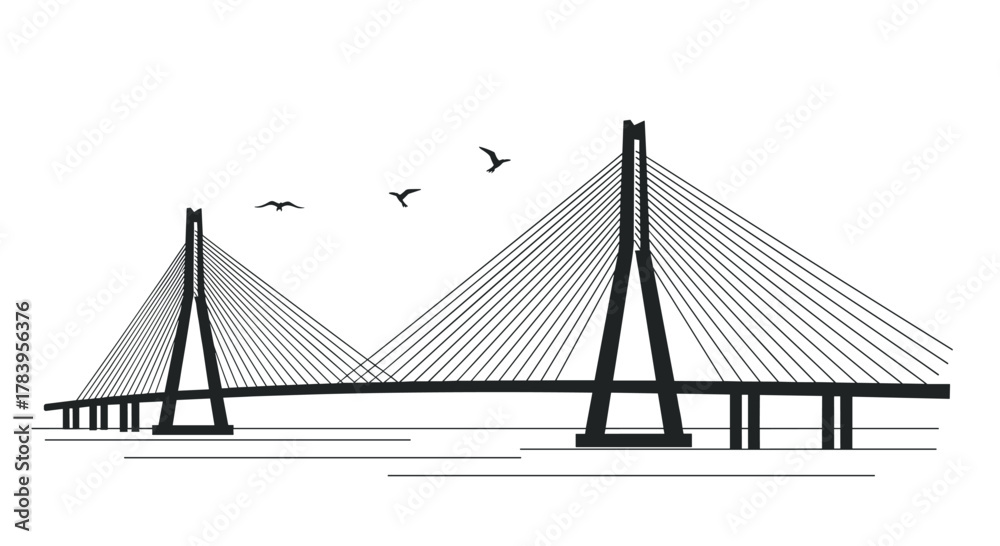 Obraz premium Elegant silhouette of cable stayed bridge with birds in flight