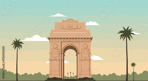 Iconic monument in a vintage style with a pastel sky and palm trees
