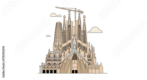 Flat design of sagrada familia cathedral with crane and cloud elements