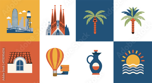Colorful icons of barcelona's architecture and culture in flat style