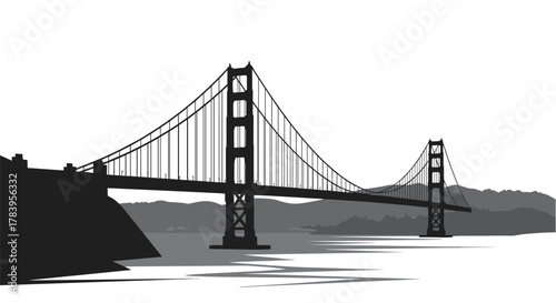 Majestic suspension bridge silhouette over calm waters in black and white