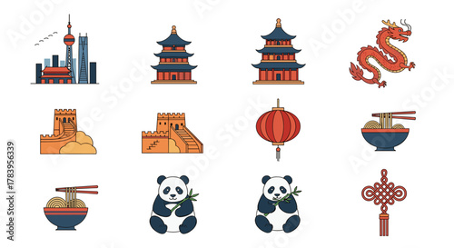 Chinese culture icons including architecture, lantern, dragon, panda, great wall, and noodles